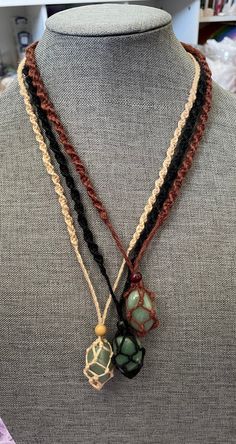 These one of a kind hemp macramé necklaces come in three colors: black, brown and tan, with one Aventurine stone. The necklace is 12-13 inches in length. None are exactly the same!! When you receive your necklace, it will be prefilled with one Aventurine crystal and will arrive safely in a pretty mesh pouch. Also included are crystal care and cleansing instructions along with a crystal properties card. All the Crystals I sell are cleansed, charged & well cared. They're perfect for metaphysical u Hemp Necklace Pattern, Men’s Crystal Necklace, Cool Necklaces Unique, Earthy Beaded Necklace, Crochet Crystal Necklace, Cristal Necklace Diy, Earthy Necklace With Adjustable Cord For Healing, Adjustable Earthy Necklaces With Waxed Cord, Adjustable Macrame Cord Necklace