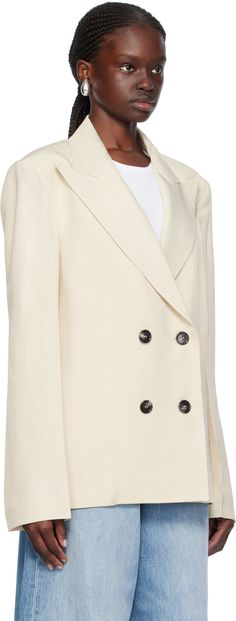 Plain-woven viscose blazer. · Peaked lapel · Double-breasted button closure · Seam pockets · Padded dropped shoulders · Central vent at back hem · Welt pockets at interior · Full satin lining Supplier color: Cream white Cream Notch Lapel Blazer With Double-breasted Buttons, Cream Notch Lapel Double-breasted Blazer, Cream Business Blazer With Double Button Closure, Business Cream Blazer With Double Button Closure, Cream Double Button Blazer For Business, Cream Blazer With Double Button Closure For Business, Cream Blazer With Double Button And Notch Lapel, Formal Cream Blazer With Double-breasted Button Fastening, Cream Double-breasted Blazer For Formal Occasions