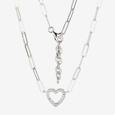 Included: 1 Necklace(s)Features: Adjustable ChainJewelry Closure: Lobster ClaspLink Construction: SolidShape: HeartStone: Cubic ZirconiaStone Cut: RoundMetal Color: WhiteChain Length: 18 InchPendant Length: 11.3mmPendant Width: 11.3mmMetal: Sterling SilverChain Construction: PaperclipCare: Polishing ClothStone Type: 22 Cubic ZirconiaCountry of Origin: Imported Silver Heart Necklace With Chain For Mother's Day, Mother's Day Silver Heart Necklace With Chain, Mother's Day Silver Heart Necklace, Silver Heart-shaped Cable Chain Necklace, Cubic Zirconia Chain Necklace For Valentine's Day, White Gold Heart Shaped Necklace With Chain, White Gold Heart Chain Necklace, Valentine's Day Cubic Zirconia Necklace With Chain, Silver Heart-shaped Paperclip Chain Jewelry