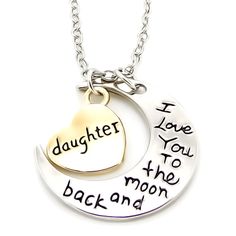 New Handmade With Love Beautiful "Daughter, I Love You To The Moon & Back" Engraved Necklace ~ Sterling Silver Plated Crescent Moon Charm Measures 1 Inch Long And Is Engraved With The Words " I Love You To The Moon And Back"On Both Sides ~ 1/2 Inch Heart Pendant Engraved "Daughter" On Both Sides ~The 18" Inch Chain ~ Nickel Free ** Mother's Day, Easter, Mom Gift, Daughter Birthday Gift, Family, Mom To Be, Baby Shower, Daughter Graduation, Daughter Jewelry, Handmade Jewelry, Handmade Gift Personalized Moon Shaped Necklace For Mother's Day, Family Necklace Mother Jewelry, Horseshoe Decorations, Bisexual Wallpaper, Handmade Gift For Mom, Gemstone Chip Necklace, Daughter Graduation, Tulip Necklace, Wedding Horseshoes