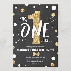 a black and gold first birthday party card with the number one on it's front