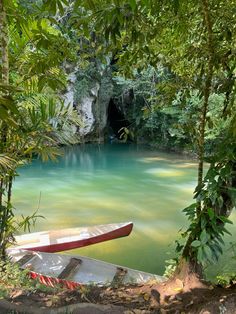 a canoe sitting in the middle of a lake surrounded by trees and foliage, near a cave entrance