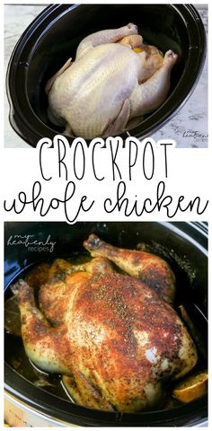 crockpot whole chicken in the slow cooker with text overlay that reads crockpot whole chicken