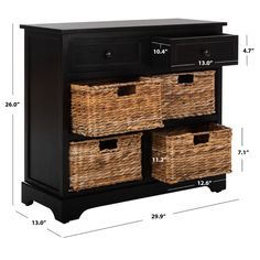 Country charm with an easygoing twist characterizes the Herman storage unit. With its four removable woven rattan baskets with cutout handles and two top drawers for additional storage finding what you need has never been easier. Herman is crafted of pine with distressed black finish. Harry 6-drawer distressed black storage table features a contemporary style and functional design. Constructed with a sturdy wood frame with wicker baskets in a versatile black hue this will be a welcome addition to any room. Features . Construction - Pine.. Color - Distressed Black .. Minimum Dimension - 13D x29W x27.6H in.. Maximum Dimension - 13D x 29W x 27.6H in.. Item weight - 39.6 lbs. Care Instruction Wood is a natural material with variations of color shade configuration streaks and grain structure. E 3 Drawer Storage, Safavieh Furniture, Black Storage, Woven Baskets, End Tables With Storage, Rattan Basket, Country Charm, Custom Watch, Table Storage