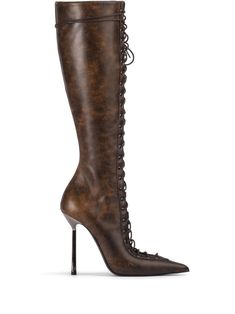 brown leather corset style front lace-up fastening pointed toe side zip fastening 120mm stiletto heel Boots Leather, Brown Lace Up Boots, Le Silla Shoes, Dr Shoes, Leather Corset, Brown Leather Boots, Shoe Inspo, Girly Shoes, Ballet Flat Shoes