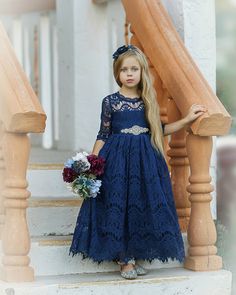 Lace Flower Girl Dress Navy Bluelong Sleeve Flower Girl - Etsy Navy Blue Flower Girl Dresses, Country Flower Girls, Bohemian Flower Girl Dress, Navy Flower Girl, Bohemian Flower Girl, Flower Girl Dresses Navy, Burgundy Flower Girl Dress, Blue Flower Girl, Rustic Flower Girl Dress