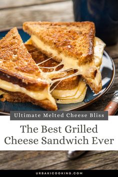 grilled cheese sandwich on a blue plate with text overlay that reads the best grilled cheese sandwich ever