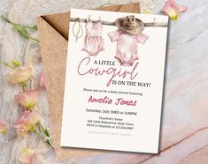 a little cowgirl is on the way baby shower card with pink flowers and lace