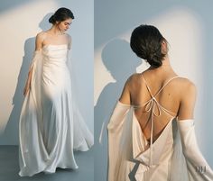 the back of a woman's dress is shown in three different angles, including one with