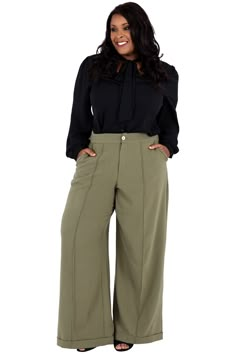 Poetic Justice | Plus Size Myeisha Olive Green Wide Leg Trouser Pants | High Fashion For Curvy Black Women Office Outfits Women Plus Size, Plus Size Business Attire, Plus Size Professional, Slacks Outfit, Plus Size Wide Leg Pants, Women Unite, Wide Leg Pants Outfit, Womens Wide Leg Pants, Office Outfits Women