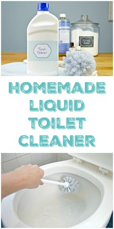 a collage of photos showing how to clean a toilet with homemade liquid and cleaning brush