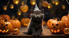 a cat wearing a witches hat surrounded by jack - o'- lantern pumpkins