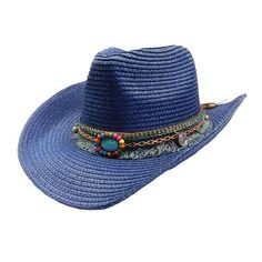 Straw cowboy hat for women. Colorful embroidered tassel band with turquoise beaded concha. C-crown with pinched front. Curled 3" wide brim with wired edge to shape. Inner drawstring to adjust fit. One size. 100% paper braid. Ladies Dress Hats, Hat Bands, Boot Bracelet, Straw Cowboy Hat, Timeless Classic Style, Cowgirl Hats, Dress Hats, Hat Band, Wearing Clothes