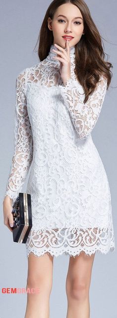 Fashion Dresses Chic High Neck White Lace Short Weddding Guest Dress With Long Sleeves Wedding Guest Chic, Modest Black Dress, Delicate Gown, Vintage Green Dress, Best Wedding Guest Dresses, White Lace Shorts, Dress Wedding Guest, Dresses Casual Winter, Black Dress Outfits