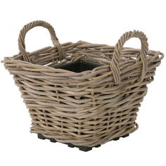 a wicker basket with handles is shown on a white background for use as a planter