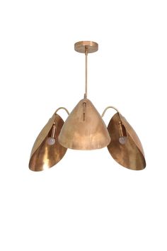 three brass colored lights hanging from the ceiling