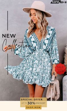 V Neck 3/4 Sleeve Bohemian Vintage Print Mini Dress Dresses By Length, Vintage Bohemian, Printed Mini Dress, Elevate Your Style, Vintage Prints, Women's Fashion Dresses, Your Style, Short Dresses, Fashion Dresses