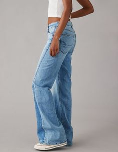 AE Strigid Low-Rise Baggy Flare Jean Loose Flare Jeans, Slight Flare Jeans, Y2k Jeans Flared, Low Rise Jeans Style, Casual High Rise Flares For Fall, Flared Jeans With Five Pockets For Streetwear, Casual High Rise Cotton Flares, Casual Straight Leg Flares For Fall, Casual Wide Leg Flares For Fall