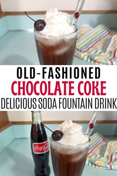 an old fashioned chocolate coke drink with whipped cream and cherries