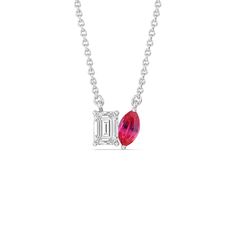 Adding this to any ensemble makes a subtle yet tasteful difference to your looks. This two-stone pendant features an emerald-cut diamond and Created Ruby marquise , on separate pronged bezels, sitting side by side to provide an eye-catching shine. Its edgy yet discreet design will complement everything, from casual jeans-and-a-tee to your elegant LBD. Diamond White Emerald Cut Gemstone Necklace, Fine Jewelry Emerald Cut Diamond Necklace, Blue Wedding Band, Something Blue Wedding, Gorgeous Engagement Ring, Diamond Anniversary Rings, Ruby Gemstone, Emerald Cut Diamonds, Fine Jewelry Gift