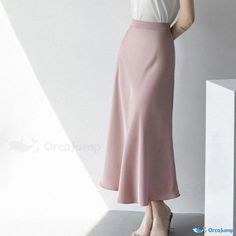 Orcajump - Premium Pink Silk A-line Midi Skirt with High Waist, Figure-flattering Tulip Hem, and Fish Tail Detail Chic Flare Skirt For Spring, Chic Pink A-line Bottoms, Non-stretch Elegant Flared Skirt, Elegant Non-stretch Flared Skirt, Flared Lined Skirt For Summer, Elegant Pink Solid Skirt, Elegant Pink Solid Color Skirt, Elegant Skirted Bottoms, Elegant Skirted Bottoms In Solid Color