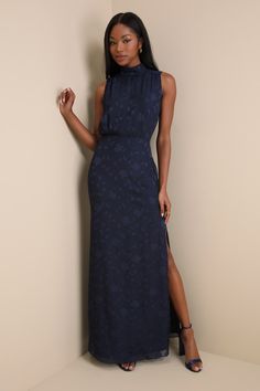 Boat Neck Dress Designs, Navy Mother Of The Bride Dresses, Navy Wedding Guest Dresses, Mock Neck Maxi Dress, Fabric Detailing, Gathered Fabric, Black Tie Wedding Guests, Navy Blue Bridesmaid Dresses, Classy Fits