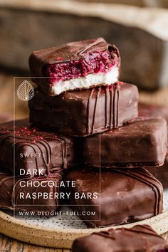 chocolate raspberry bars stacked on top of each other with the words sweet dark chocolate raspberry bars