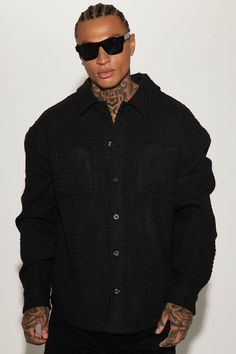 Available In Black. Fold Down Collar Front Button Closure Chest Pockets 100% Polyester Imported | Mens Alex Textured Oversized Shacket in Black size Medium by Fashion Nova Black Tops With Buttoned Pockets For Fall, Black Long Sleeve Shacket With Button Closure, Winter Black Shacket With Snap Buttons, Oversized Long Sleeve Shacket For Streetwear, Black Single Breasted Top For Winter, Oversized Black Shacket For Winter, Black Single-breasted Winter Top, Fall Streetwear Tops With Buttoned Pockets, Classic Black Long Sleeve Shacket