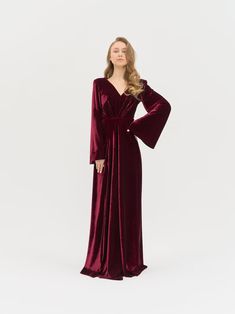 Maxi A-line Velvet Dress Bridesmaid Dresswrap V-neck Front - Etsy Fall Wedding A-line Evening Dress, A-line Maxi Dress For Fall Dinner, Fitted Burgundy Maxi Dress For Prom, Fitted Burgundy Prom Maxi Dress, Elegant Burgundy A-line Dress, Burgundy Floor-length Evening Dress, Elegant A-line Burgundy Dress, Burgundy A-line Evening Dress For Prom, Burgundy Fitted Long Sleeve Gown