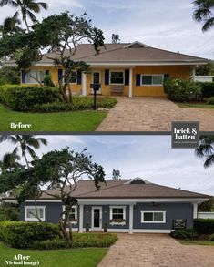 before and after photos of a house in the florida style with brick walkway, palm trees, and blue shutters