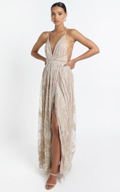 New York Nights Maxi Dress In Gold | Showpo Glamorous V-neck Evening Dress With Back Opening, Glamorous V-neck Evening Dress For Date Night, Glamorous V-neck Dress With Back Opening, V-neck Party Dress With Back Opening, Low Back Evening Dress For Prom Season, Sequined V-neck Backless Dress For Evening, Sequin V-neck Backless Evening Dress, Glamorous Backless Dress With Back Opening For Date Night, Glamorous V-neck Gown With Back Opening