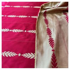 the pink and brown fabric has white leaves on it