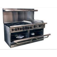 an oven with two burners on the front and one door open to show it's cooking area