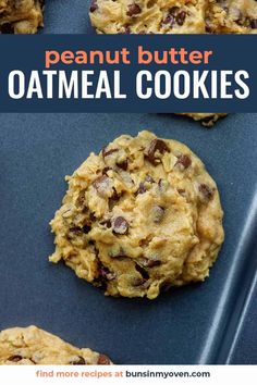 peanut butter oatmeal cookies on a cookie sheet with the title in the middle