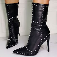 These Sexy Boots Will Have All Eyes On You! The Unique Features Include, A Faux Leather Fabric, Pointy Toe, High Polish Studded Detail, Side Zipper Closure, Mid Calf Shaft, And A Cushioned Foot Bed. Faux Leather 3.5” Approx Punk Ankle Boot Heels For Winter, Fitted High Heel Faux Leather Boots, Fitted High Heel Boots In Faux Leather, Punk Winter Ankle Boot Heels, Punk Style Ankle Boots For Winter, Faux Leather High Heeled Boots, Fitted Heeled Boots With Pointed Toe For Night Out, Fitted Pointed Toe Heeled Boots For Night Out, High Ankle Faux Leather Boots For Night Out