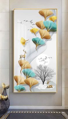 an abstract painting on the wall with flowers and birds in blue, yellow and white colors