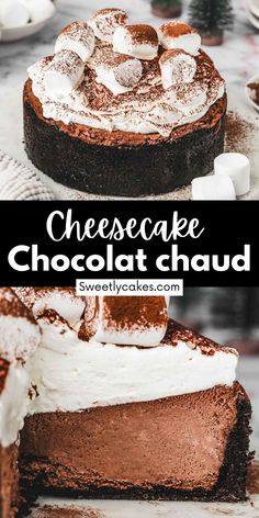 a chocolate cheesecake with marshmallows on top is shown in this collage