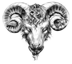 a drawing of a ram's head with long horns