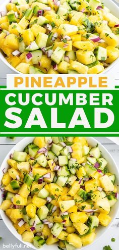 pineapple cucumber salad in two white bowls with green lettering on the side