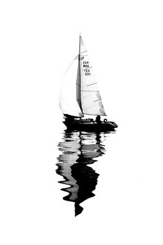 a black and white photo of a sailboat in the water with its sails down