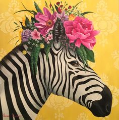 a painting of a zebra with flowers on it's head in front of a yellow wall