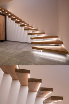 Profilés LED sur-mesure, encastrés sous chaque marche pour un bel éclairage indirect. Floating Stair Lighting, Winder Stairs, Open Trap, Contemporary Stairs, Floating Stairs, Floating Staircase, Architecture Art Design, Indirect Lighting