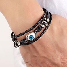 New With The Tag Man's Black Leather 7.8” Tetro Evil Blue Eye Charm Braceletparty Gift Jewelry Trendy Black Party Wristband, Adjustable Bracelets With Black Band For Party, Adjustable Black Band Bracelets For Party, Adjustable Black Band Bracelet For Party, Blue Eye, Mens Accessories Jewelry, Bracelets For Men, Blue Black, Jewelry Gifts