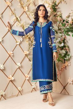 Zena | Pakistani Designer Outfit | Sarosh Salman Designer Blue Silk Sharara, Designer Blue Sharara With Zari Work, Blue Silk Kurta With Zari Work, Silk Kurta With Resham Embroidery In Blue, Blue Silk Kurta With Resham Embroidery, Silk Blue Kurta With Resham Embroidery, Blue Unstitched Festive Sharara, Blue Sharara With Dabka In Traditional Drape, Semi-stitched Blue Sets With Sheer Dupatta