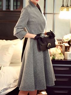 Regular Fit Three Quarter Sleeves Elegant Plain Dress, Gray / S Woolen Dress, Woolen Dresses, Look Formal, Paris Chic, Work Dresses For Women, Plain Dress, Long Sleeve Midi, Romantic Style, Street Chic