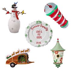 christmas ornaments and decorations are arranged on a white background