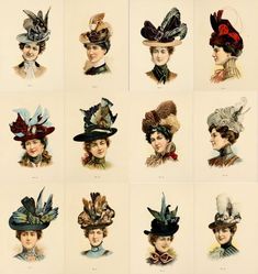 many different hats are shown on this page in an old fashion book, including women's hats