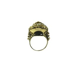 10 Karat Yellow Gold Onyx and Seed Pearl Ring Size 7  This elegant ring features one oval onyx stone (14 mm x 12.5 mm), 36 seed pearls and one clear stone set in meticulously detailed 10K yellow gold.    Top of ring measures 24 mm x 19 mm.  Shank: 2.5 mm.  Tested 10K gold.  Ring Size: 7  Weight:  7.5 dwt. /  11.7 gr.  Very good condition, professionally polished.  Will come packaged in a gift box or pouch (when possible) and will be shipped U.S. Priority Mail Insured. Formal Gold Cabochon Signet Ring, Heirloom Gold Opal Ring With Polished Finish, Antique Gold Cluster Ring With Multi-stone, Classic Gold Cabochon Diamond Ring, Classic Gold Diamond Ring With Cabochon, Gold Dome Ring With Cabochon For Formal Events, Heirloom Gold Dome Ring With Gemstone, Formal Yellow Gold Pearl Ring With Rose Cut Diamonds, Antique Multi-stone Gold Diamond Ring