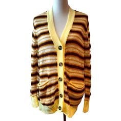 Urban Outfitters S Nwt Alston Yellow Brown Striped Distressed Oversized Cardigan Nice, Oversized, Distressed Cardigan, Yellow/Brown Stripes, 5 Button Closure, Pockets Dress Form In Photos Is A Medium Form With A Bust Of 34.5" Approximate Measurements While Laying Flat Armpit To Armpit - 21.5" Length - 29.5" Retro Yellow Cardigan For Spring, Yellow Retro Cardigan For Spring, Casual Yellow Cardigan For Day Out, Distressed Cardigan, Oversized Cardigan, Dress Form, Pocket Dress, Yellow And Brown, Sweaters & Cardigans