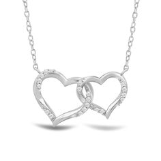 Two twisted hearts intertwined - together, forever. This heart pendant in white gold features a big and small heart cut-out linked together as a symbol of everlasting love. Diamonds adorn the pair of hearts. This necklace can represent the special bond between sisters, mother and child, or couples. White Gold Heart Pendant For Promise, White Gold Heart Pendant Jewelry For Promise, Sterling Silver Infinity Heart Necklace For Anniversary, White Double Heart Promise Jewelry, Silver Infinity Heart Necklace For Anniversary, Wedding White Gold Double Heart Necklace, Formal White Double Heart Necklace, Double Heart Diamond Cut Jewelry For Anniversary, Anniversary Jewelry: Double Heart Diamond Cut